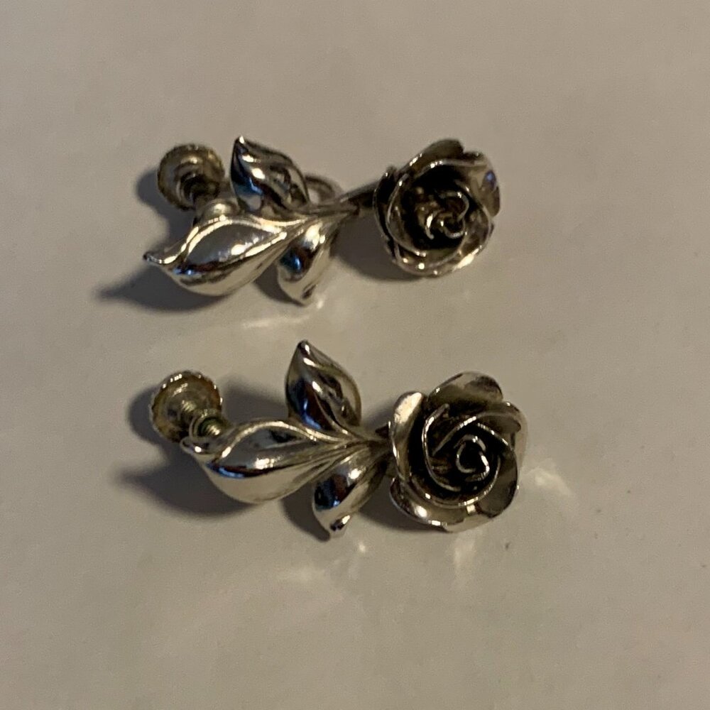 Bond Boyd Vintage Rose Sterling Screw Back Earrings